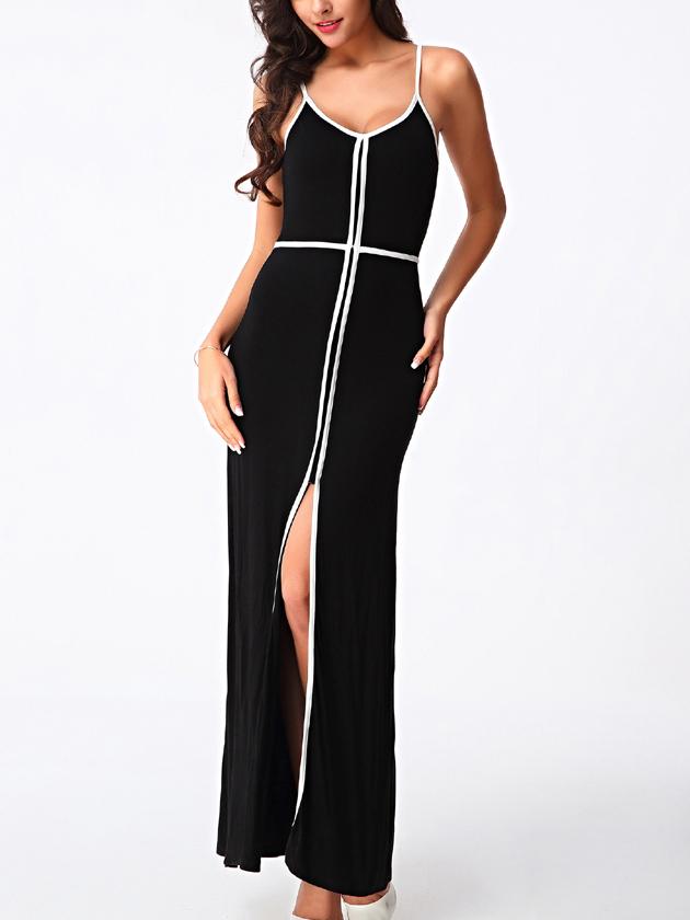 Romwe Black Spaghetti Strap Split Backless Dress