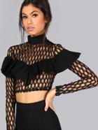 Romwe Mock Neck Frilled Netted Lace Crop Top