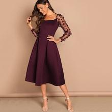 Romwe Flower Applique Mesh Sleeve Box Pleated Dress