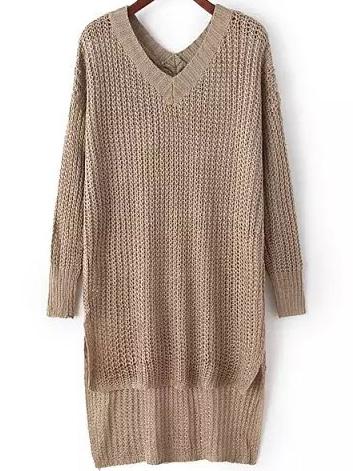 Romwe V Neck Dip Hem Coffee Sweater