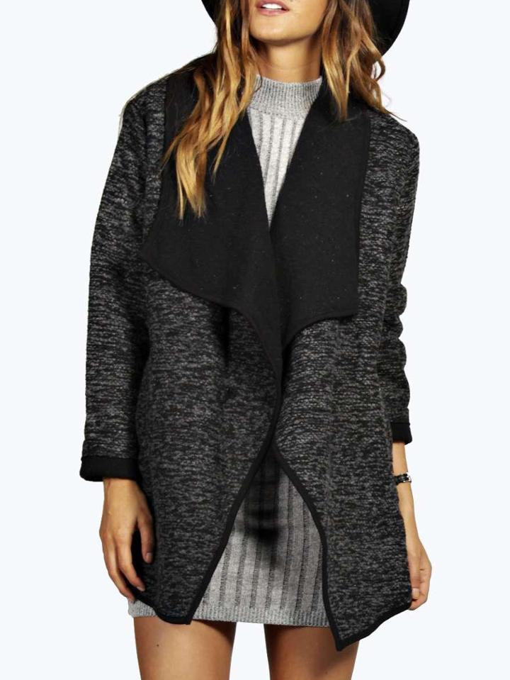Romwe Grey Long Sleeve Boucle Waterfall Coat