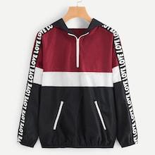 Romwe Color Block Letter Tape Jacket