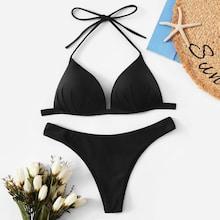 Romwe Triangle Halter Top With High Leg Bikini Set