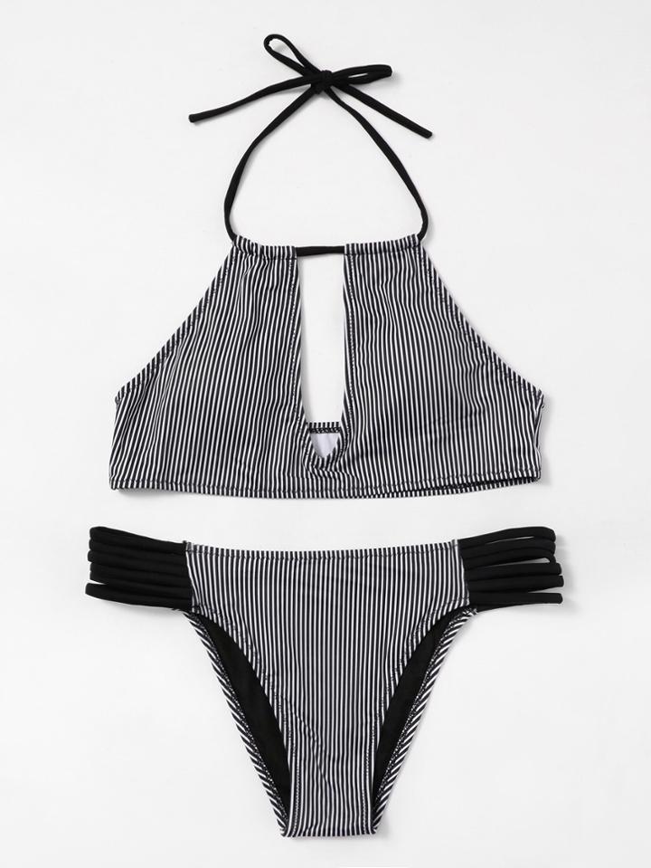 Romwe Vertical Striped Halter Bikini Set