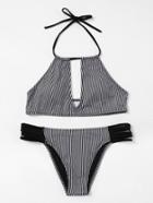 Romwe Vertical Striped Halter Bikini Set