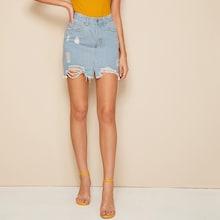 Romwe Asymmetrical Hem Ripped Detail Denim Skirt