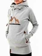 Romwe Hooded Drawstring Deer Embroidered Sweatshirt With Pockets