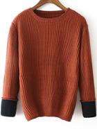 Romwe Contrast Cuffed Brown Sweater