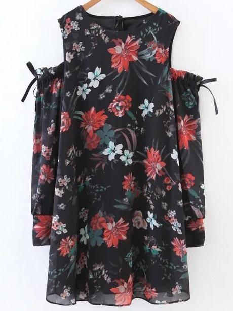 Romwe Open Shoulder Floral Tie Detail Dress