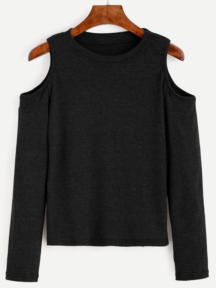 Romwe Black Open Shoulder Knit T-shirt