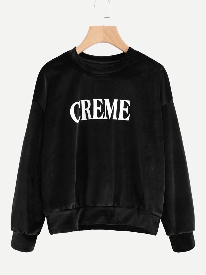 Romwe Letter Print Velvet Sweatshirt