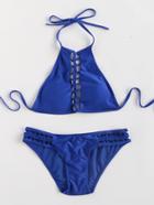 Romwe Blue Ladder Cutout Halter Backless Bikini Set