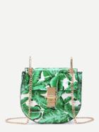 Romwe Leaf Print Flap Saddle Pu Bag With Chain