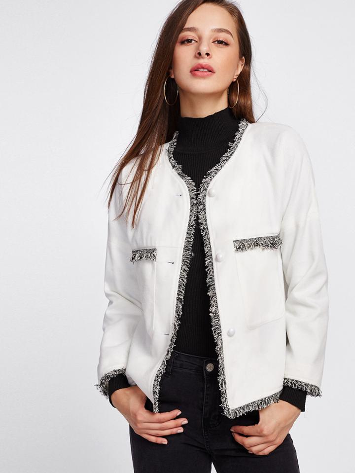 Romwe Fringe Trim Button Up Blazer