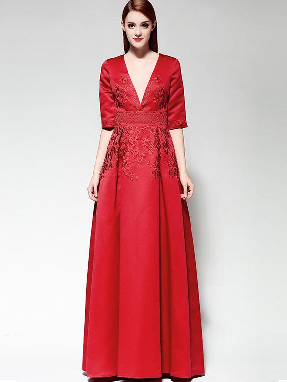 Romwe Red V Neck Half Sleeve Embroidered Beading Dress