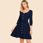Romwe 80s Button Front Belted V-neck Solid Dress
