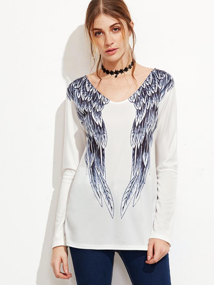 Romwe White Wing Print V Neck Drop Shoulder T-shirt