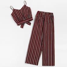 Romwe Plus Knot Back Striped Cami Top With Pants