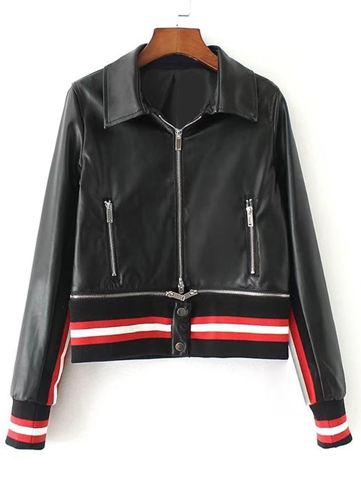 Romwe Detachable Striped Hem Pu Jacket