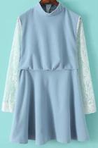 Romwe Blue Stand Collar Lace Loose Dress