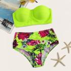 Romwe Neon Lime Bandeau With Floral High Waist Bikini