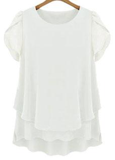 Romwe Round Neck Flouncing Chiffon White Blouse
