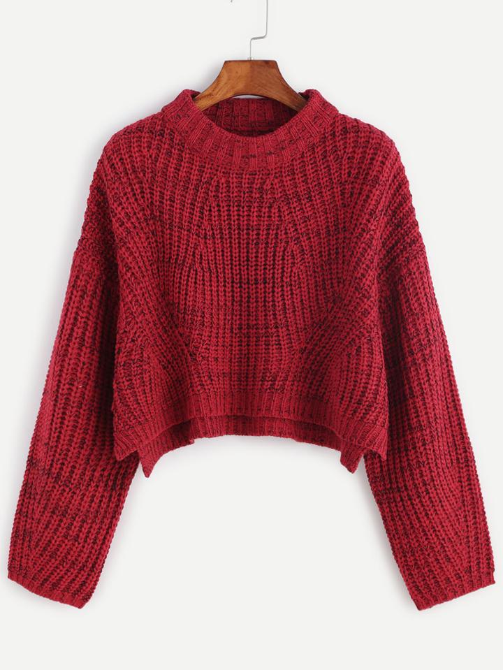 Romwe Red Marled Knit Drop Shoulder Slit Crop Sweater