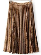Romwe Khaki Pleated Midi Velvet Skirt