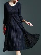Romwe Navy Crew Neck Floral Pleated Dress