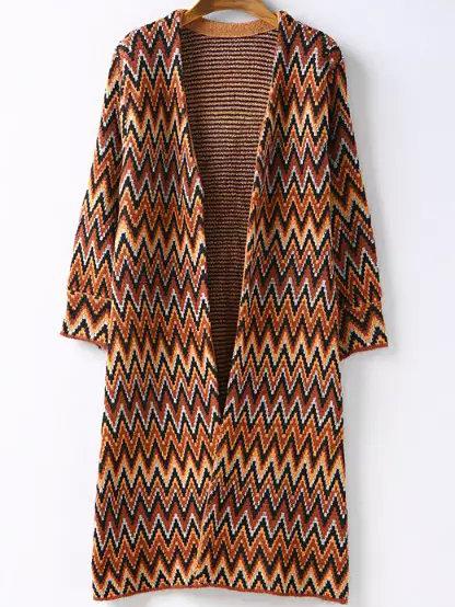 Romwe Khaki Long Sleeve Zigzag Tribal Cardigan