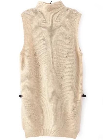 Romwe High Neck Sleeveless Split Apricot Sweater