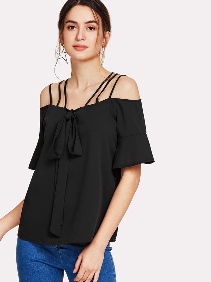 Romwe Strappy Grommet Knot Front Halter Top