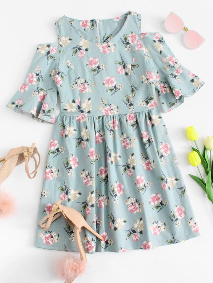 Romwe Open Shoulder Fluted Sleeve Dress