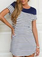 Romwe Blue White Round Neck Short Sleeve Striped Dress