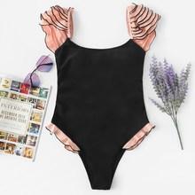 Romwe Contrast Piping Ruffle Backless One Piece Swim