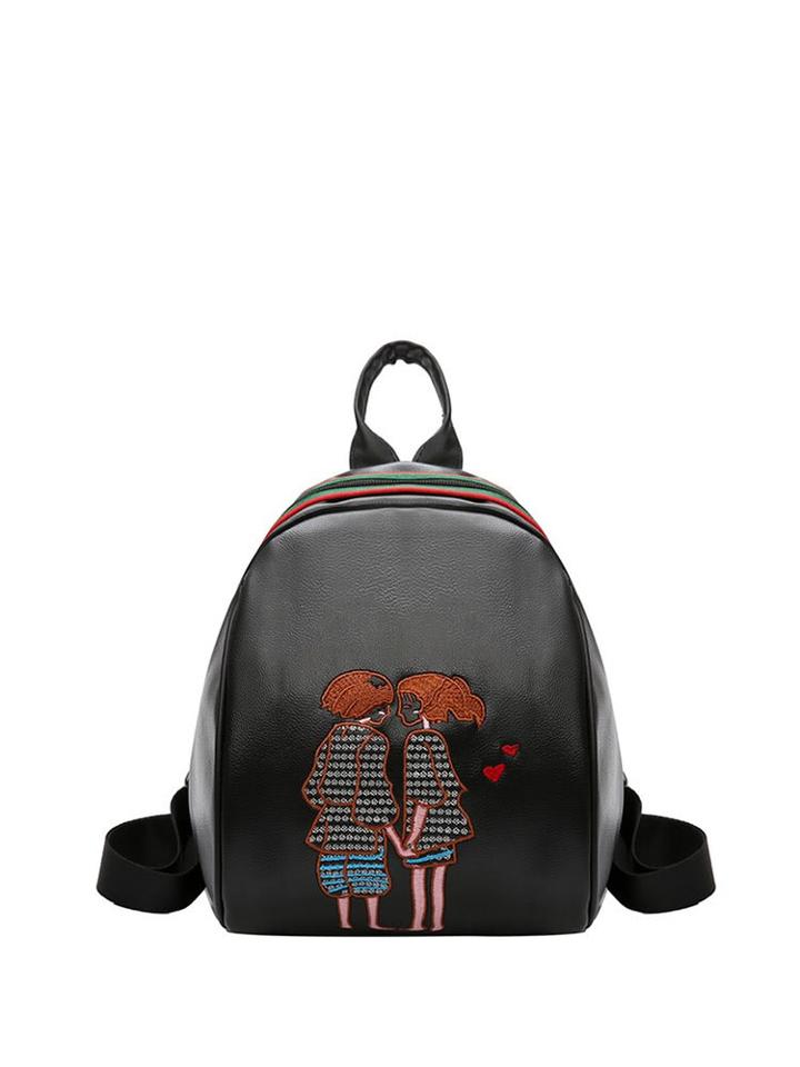 Romwe Pu Cartoon Embroidery Backpack