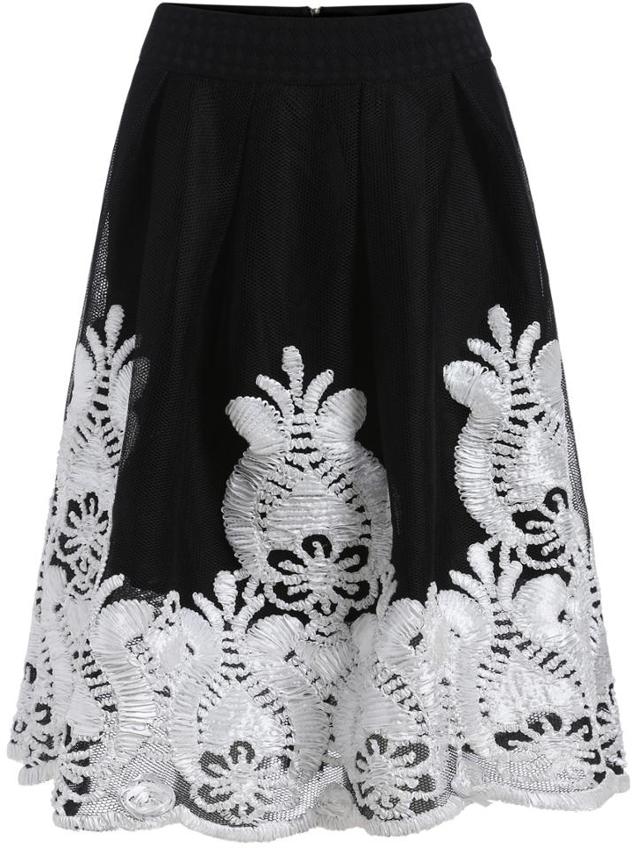 Romwe Embroidered Gauze Flare Skirt