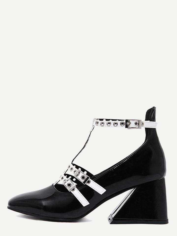 Romwe Black Patent Leather Square Toe T Strap Pumps