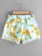 Romwe Pineapple Print Random Pom Pom Trim Shorts