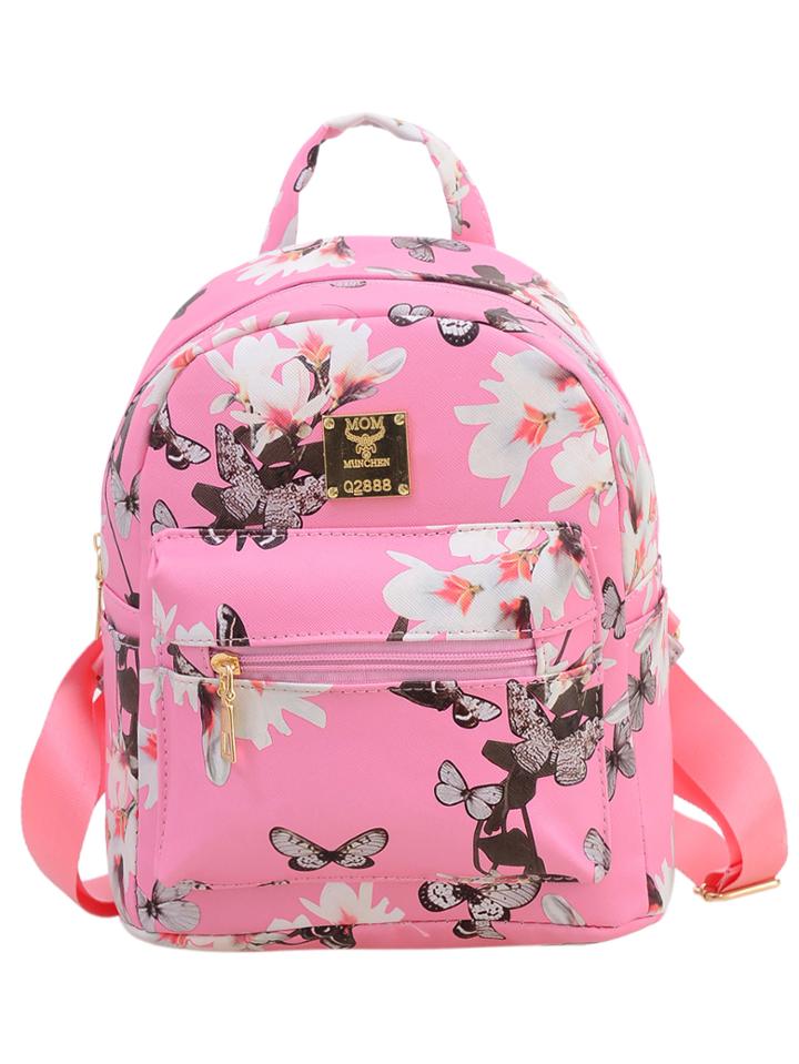 Romwe Allover Vintage Flower Print Backpack - Pink