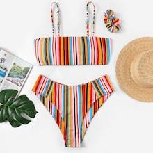 Romwe Plus Color-block Striped High Cut Bikini With Hair Tie