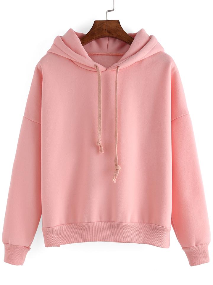 Romwe Hooded Drawstring Thicken Pink Sweatshirt