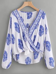 Romwe Printed Lace Up Front Wrap Top