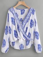 Romwe Printed Lace Up Front Wrap Top