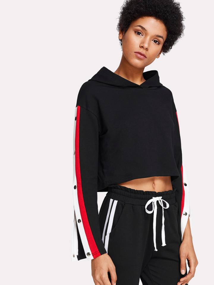 Romwe Snap-button Side Crop Hoodie