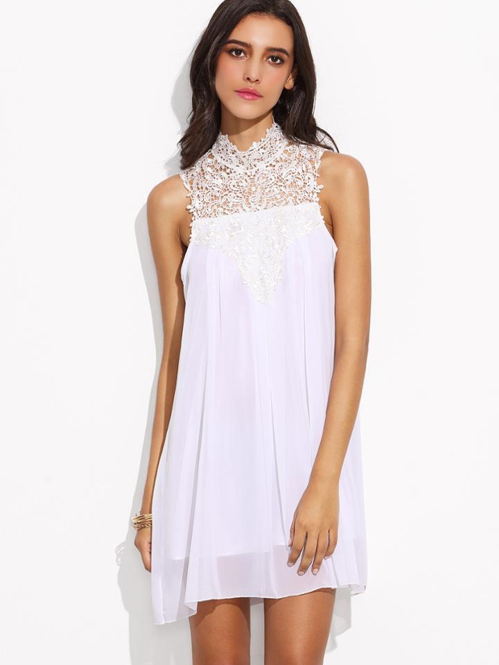 Romwe White Lace Collar Chiffon Dress