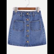 Romwe Single Breasted Dual Pockets Denim Skirt