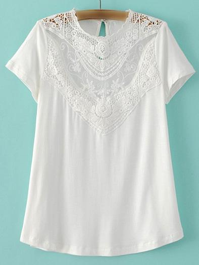 Romwe White Embroidery Lace Key Hole Back T-shirt
