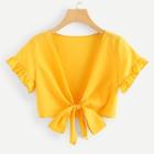 Romwe Solid Knot Front Frill Trim Top