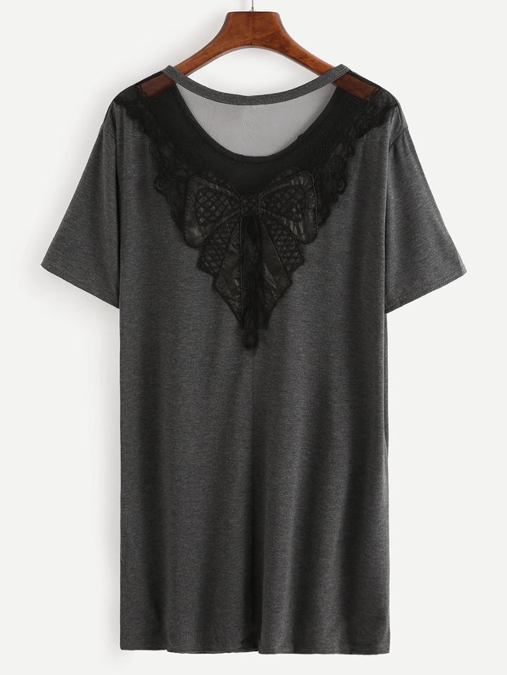 Romwe Embroidered Mesh Insert Grey Tee Dress
